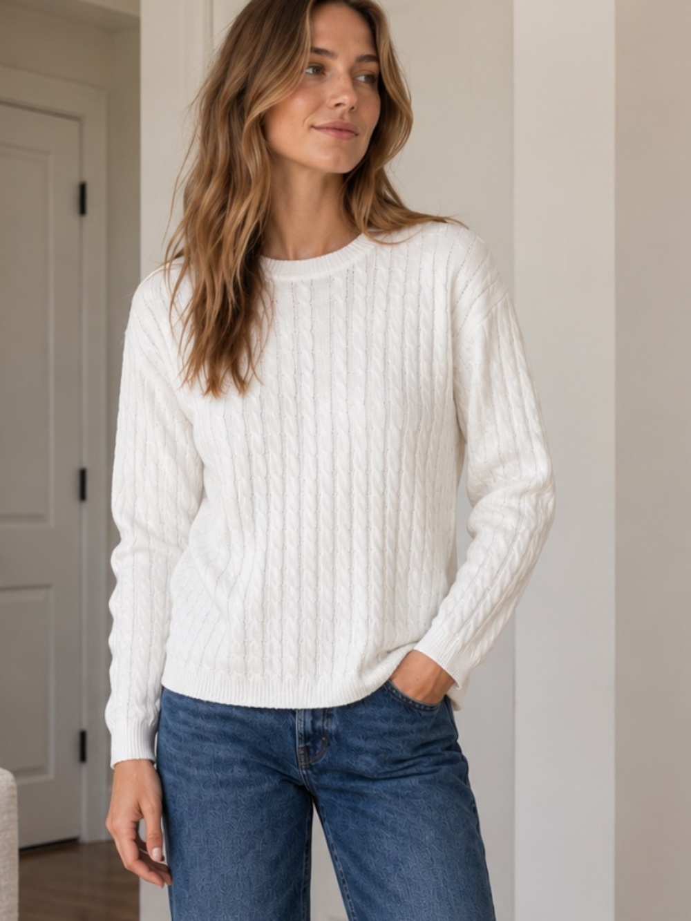Geoffrey Beene White Cotton Cable Knit Crewneck Sweater M
